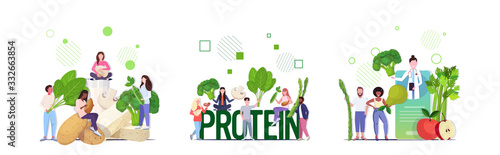 set doctor nutritionist explaining to patients properties of fresh vegetables fruits herbs seeds healthy nutrition vegan protein concept full length horizontal vector illustration photo