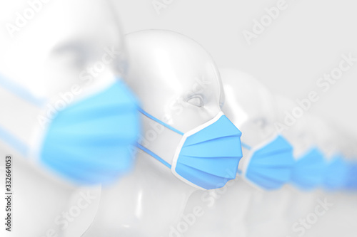 Medical concept. A group of women's shiny white fashion mannequin heads standing in a row in bright blue medical masks on a light background. 3D illustration.