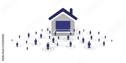 Home Offices - People Work at Home and Make Social Connections Through the Internet - Design Concept with Symbolic Network of Houses, Computers Inside and a Businessmen Nodes - Vector Illustration