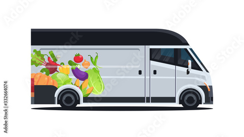 realistic van with organic vegetables natural vegan farm food delivery service vehicle with fresh veggies horizontal flat vector illustration