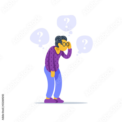 Old woman standing and thinking, concerned senior person, question mark bubble, scratching head