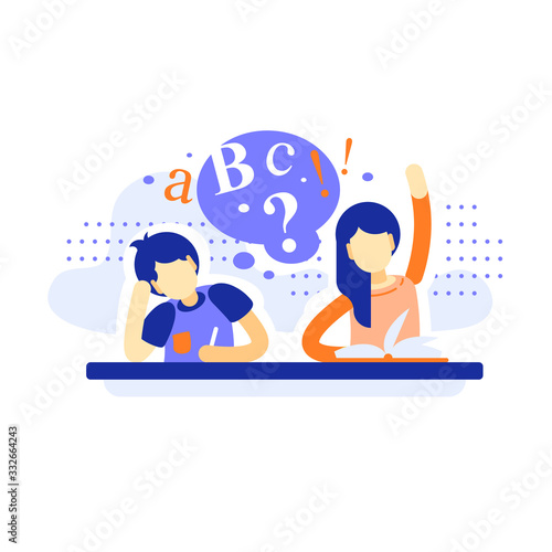 Two school girl and boy sitting at the desk studying, fun educational program concept, active learning