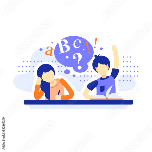 Two school girl and boy sitting at the desk studying, fun educational program concept, active learning