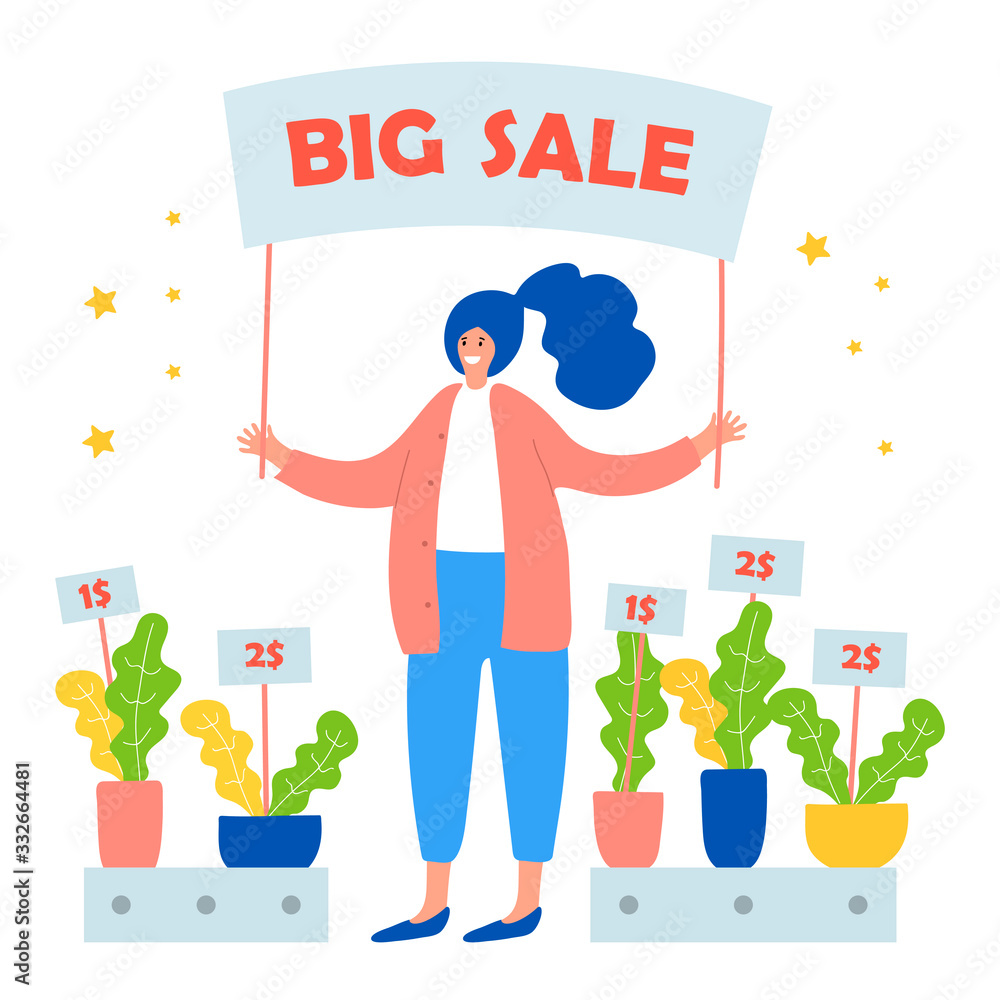 Woman sells flowers, big sale vector illustration Woman sells flowers, big sale vector illustration