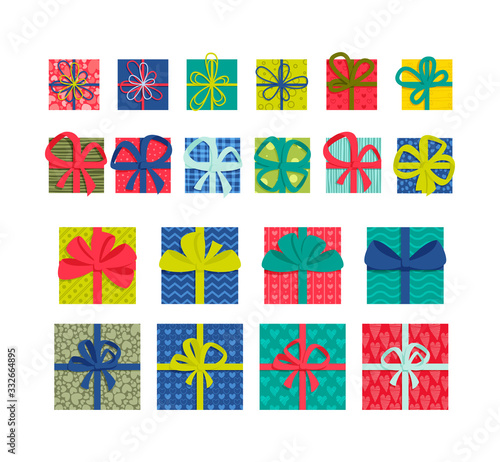Set of a front and top view flat colorful gift boxes with ribbons and bows on a white background. Easy to use and a one-click recolor holiday vector design.