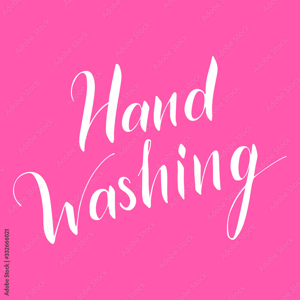 Hand washing vector lettering text isolated on pink background. Poster about hygiene. Restroom or bathroom print, toilet quote. Safety measure against viruses and bacteria. Hand drawn illustration