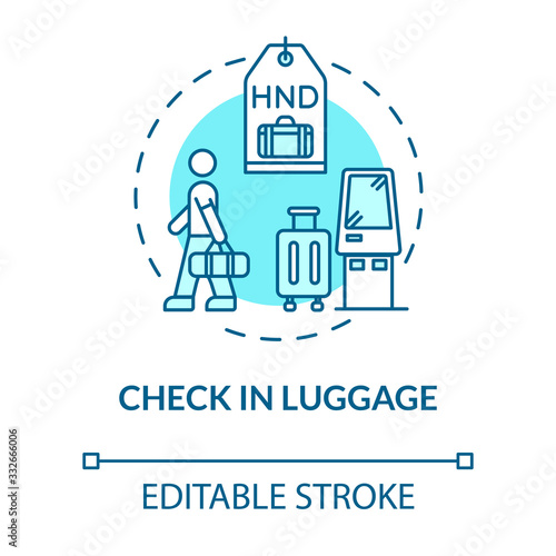 Check in luggage concept icon. Baggage claim idea thin line illustration. Passenger with hand luggage in airport terminal. Vector isolated outline RGB color drawing. Editable stroke