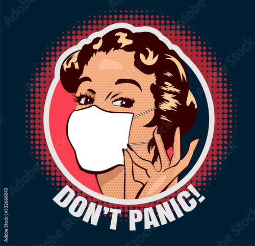 Woman with face medical mask. Vintage elegant woman's head, Okey sign fingers hand. Don't panic. Vector image. About covid-19 