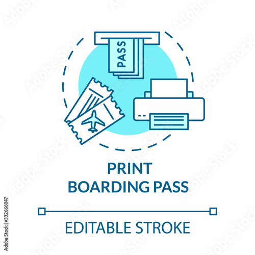 Printing airplane electronic boarding pass concept icon. Airline e ticket buying, online check in completing idea thin line illustration. Vector isolated outline RGB color drawing. Editable stroke