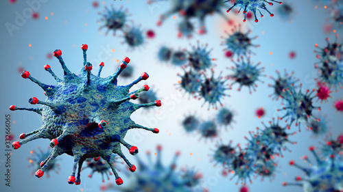 Foto 3D rendering, blue coronavirus cells covid-19 influenza flowing with particles o
