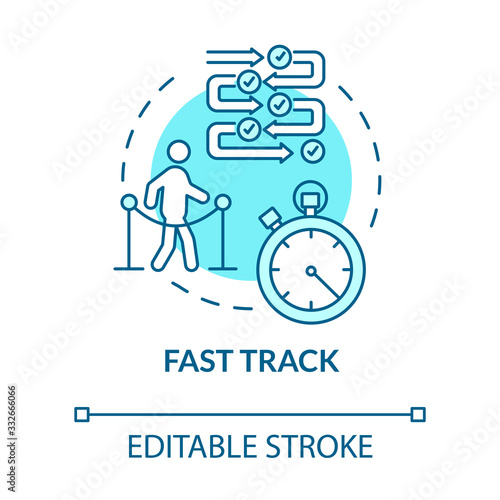 Airport fast track concept icon. Airline VIP pass, flight luxury class benefit idea thin line illustration. Passport control, short trip. Vector isolated outline RGB color drawing. Editable stroke
