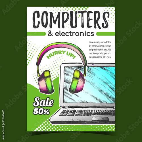 Computers And Electronics Advertise Banner Vector. Stereo Audio Earphone And Notebook Digital Electronics Gadget. Headphones And Laptop Concept Template Hand Drawn In Vintage Style Illustration