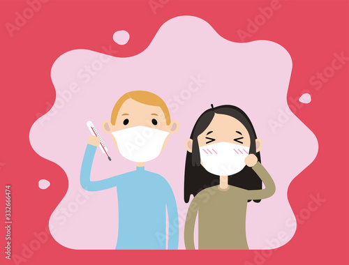 Coronavirus, ill boy and girl have virus infection, wearing breathing mask, quarantine, medical treatment, hospital check up, sick couple with temperature and cough, flat vector illustration