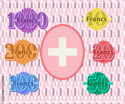 A set of samples of face values from 10 to 1000 swiss franc and an oval with a guilloche pattern