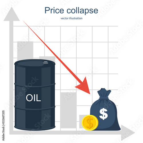 Oil barrels with gold coins and abstract graph. The decline in oil prices. Landing page Vector illustration.