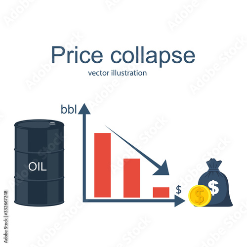 Barrel of oil, dollars and graph. The fall of the oil market. The price of oil. Landing page Vector illustration.