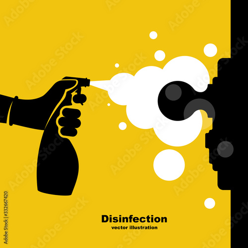 Close-up disinfection of door handles. Spraying disinfectant alcohol to the handle of a door. Vector illustration flat design. Black silhouette prevention icon. Controlling the epidemic of coronavirus
