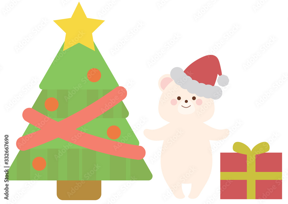 12月　クリスマスツリーとサンタのシロクマとプレゼント