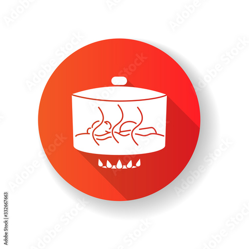 Stewing red flat design long shadow glyph icon. Delicious gravy, goulash preparation process. Cooking method, culinary technique. Pan with meat and vegetables silhouette RGB color illustration