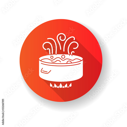 Boiling red flat design long shadow glyph icon. Food preparation method, culinary technique, simmering, poaching. Cooking pot, pan with water on oven fire silhouette RGB color illustration