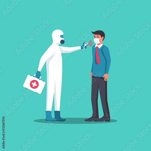 Doctor in hazmat holding a non-contact thermometer in hand. Temperature check. Mask on face, person in control. Coronavirus prevention. Epidemic 2019-ncov. Vector flat design. Protective suit.