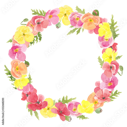 Watercolor hand drawn circle floral wreath with multi colored wild meadow poppies flowers and leaves. Frame with copy space isolated on white background