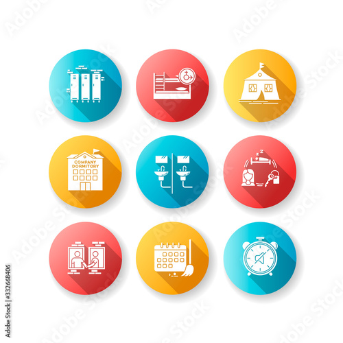 Living in dormitory flat design long shadow glyph icons set. Lockers. Mixed bedroom. Company dorm. Neighborhood. Cleaning schedule. Quiet hours. Communal bathroom. Silhouette RGB color illustration