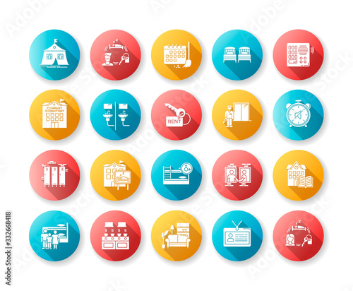 Dormitory flat design long shadow glyph icons set. Communal space. Living accommodations. Hostel, hotel. Shared room. Common bedroom. University campus. Silhouette RGB color illustration