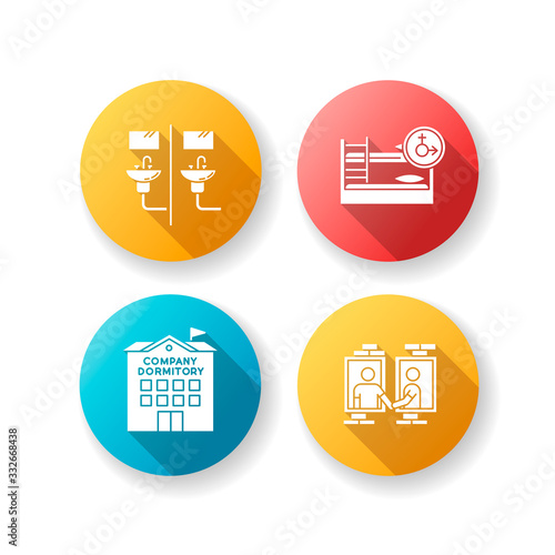 Company dormitory flat design long shadow glyph icons set. Communal bathroom. Mixed bedroom. Neighborhood. Shared room. Common space. Corporate living accommodation. Silhouette RGB color illustration