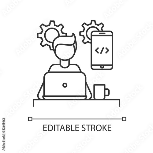 Mobile app developer pixel perfect linear icon. App development, coding, programming, UI design. Thin line customizable illustration. Contour symbol. Vector isolated outline drawing. Editable stroke