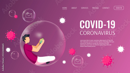 Web page design template for Coronavirus, Medicine, Health care, Quarantine. Young man in bubble and viruses. Vector illustration for poster, banner, website, flyer.