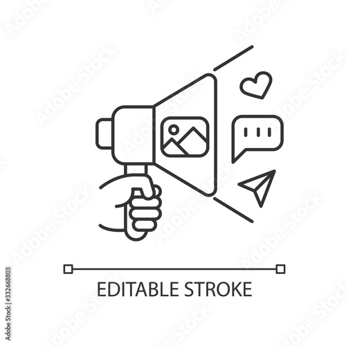 Community manager pixel perfect linear icon. Social media coordinator, advertising specialist. Thin line customizable illustration. Contour symbol. Vector isolated outline drawing. Editable stroke