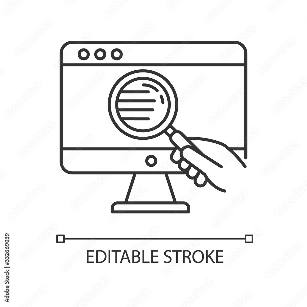 Web researcher pixel perfect linear icon. Site analysis, data search, web analytics. Thin line customizable illustration. Contour symbol. Vector isolated outline drawing. Editable stroke Web researcher pixel perfect linear icon. Site analysis, data search, web analytics. Thin line customizable illustration. Contour symbol. Vector isolated outline drawing. Editable stroke
