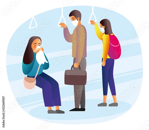 Seasonal Allergy People in summer clothes ride the subway in medical masks. People in medical masks on transport. Seasonally cold. Spread of the virus. Vector flat illustration.