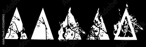 Abstract black and white triangle explosion. Geometric split, destruction. Bifurcation of abstract forms . Vector illustration with options. Liquid spatter on triangle silhouette. Horisontal format.