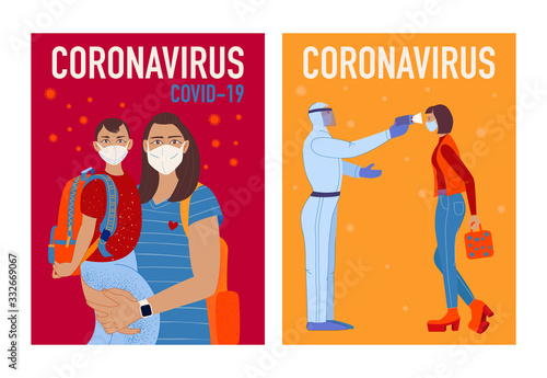 Coronavirus COVID-19 outbreak concept. Coronavirus in World. Novel coronavirus (2019-nCoV), woman and your child in white medical face mask. Passenger are measured temperature.