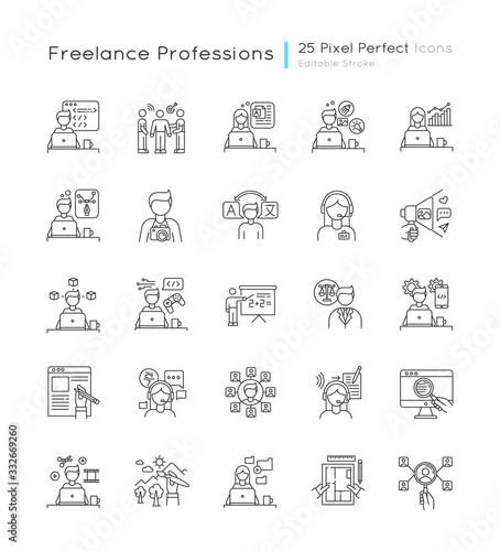 Freelance professions pixel perfect linear icons set. Branding and HR management, data entry jobs. Customizable thin line contour symbols. Isolated vector outline illustrations. Editable stroke