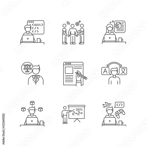 Freelance jobs pixel perfect linear icons set. Creative design and translation, teaching, copywriting. Customizable thin line contour symbols. Isolated vector outline illustrations. Editable stroke