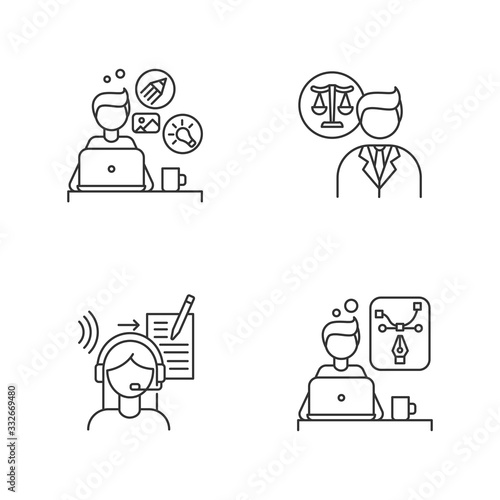Distant workers pixel perfect linear icons set. Creative and graphic design, legal service. Customizable thin line contour symbols. Isolated vector outline illustrations. Editable stroke