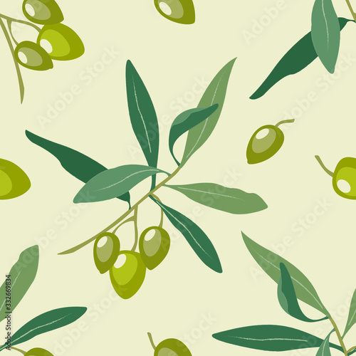 Wallpaper Mural Decorative seamless pattern with hand drawn olive tree branch with ripe green olives and leaves on beige background. Vector design for fabric, wrapping,olive oil natural cosmetics, health care product Torontodigital.ca