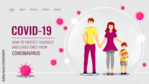 Web page design template for Coronavirus, Medicine, Health care, Family. Young family in masks and viruses. Vector illustration for poster, banner, website, flyer, cover.