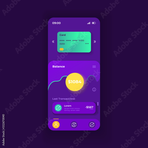 Online wallet application smartphone interface vector template. Mobile app page dark theme design layout. Internet banking screen. Flat UI for application. Credit card balance on phone display