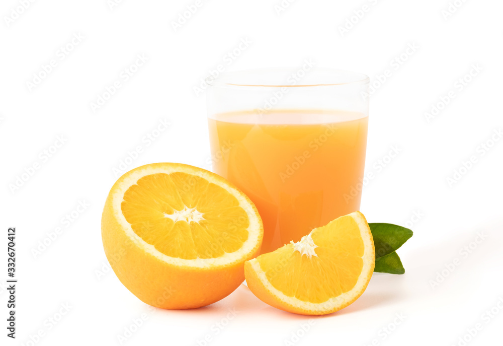 Glass of fresh orange juice with fruits cut in half and sliced with green leaf isolated on white background with clipping path Glass of fresh orange juice with fruits cut in half and sliced with green leaf isolated on white background with clipping path