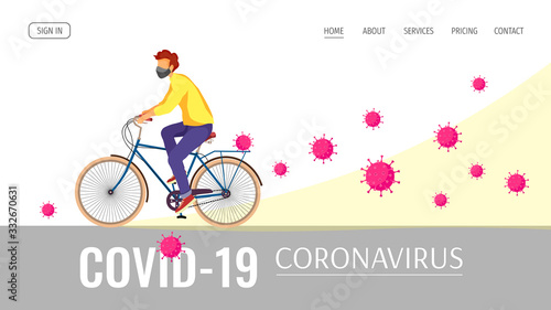 Web page design template for Coronavirus, Medicine, Health care, Immunity. Young man biking in mask and viruses. Vector illustration for poster, banner, website, flyer.
