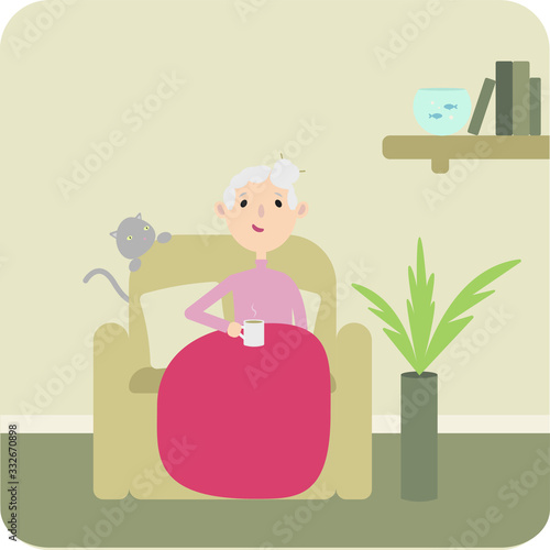 Old lady, senior, grandmother sitting on a armchair, drinking tea/coffee in the cozy living room whith cat, aquarium, books and home plant, resting at home, flat style cartoon image illustration