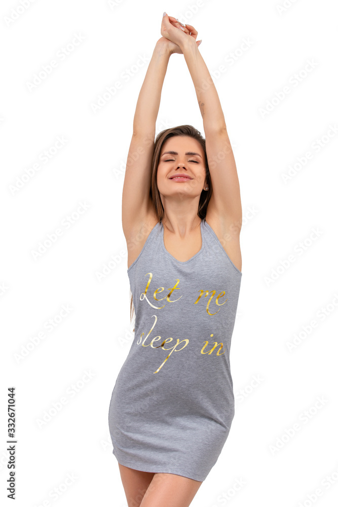 Young beautiful woman wearing casual long t-shirt standing over isolated white background Inviting to enter smiling natural Young beautiful woman wearing casual long t-shirt standing over isolated white background Inviting to enter smiling natural