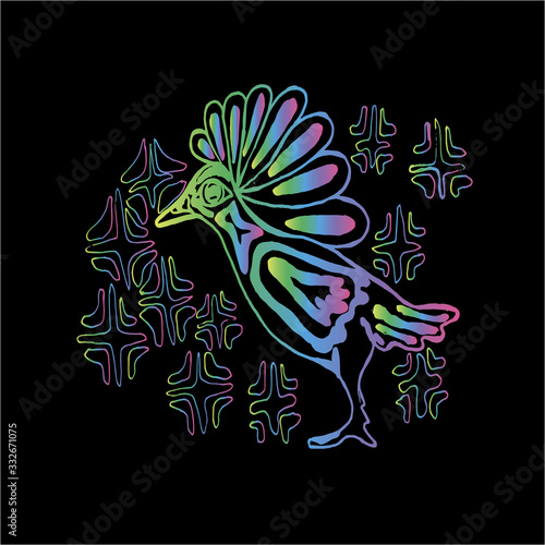 Color neon illustration of a bird in profile with a background from an ornament in the form of stars with background from an ornamental mandala. Saturn planet on the wing.