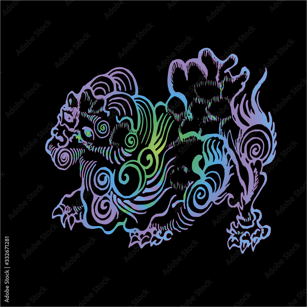 Color neon illustration of chinese qilin. Chinese unicorn lion dragon.