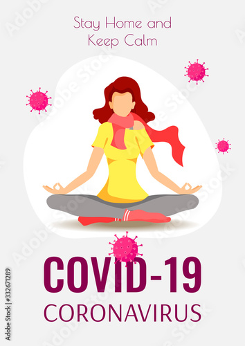 Banner design for Coronavirus, Medicine, Health care, Quarantine. Meditating young woman in a scarf and viruses. A4 Vector illustration for poster, banner, flyer, cover.