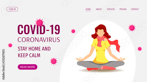 Web page design template for Coronavirus, Covid-19, Quarantine, Health care. Meditating young woman in scarf and viruses. Vector illustration for poster, banner, website, flyer.